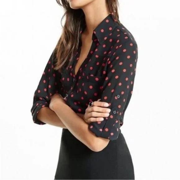Express Portofino Slim Fit Polka Dot Button Down Shirt Black Red Size Small - Picture 1 of 8